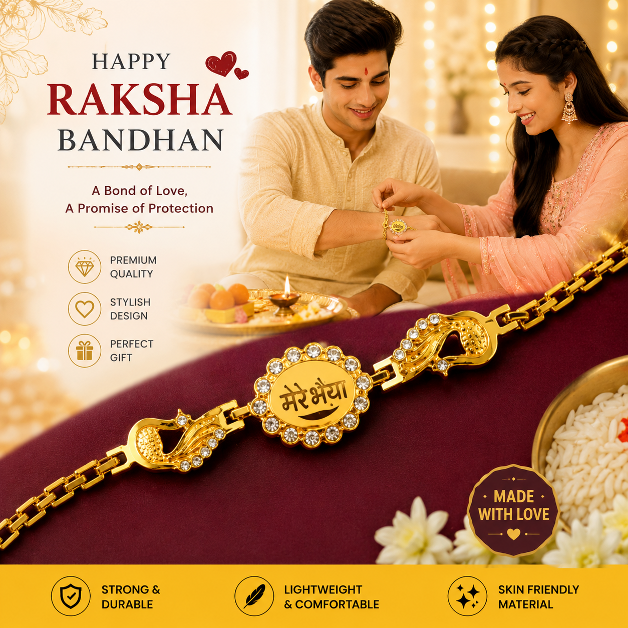 Premium Bracelet Rakhi with Stone Border & Dual Peacock Chain for Brother