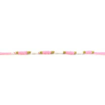 Cute Pink White Thread Rakhi For Brother With Golden Beads (1 Pc)