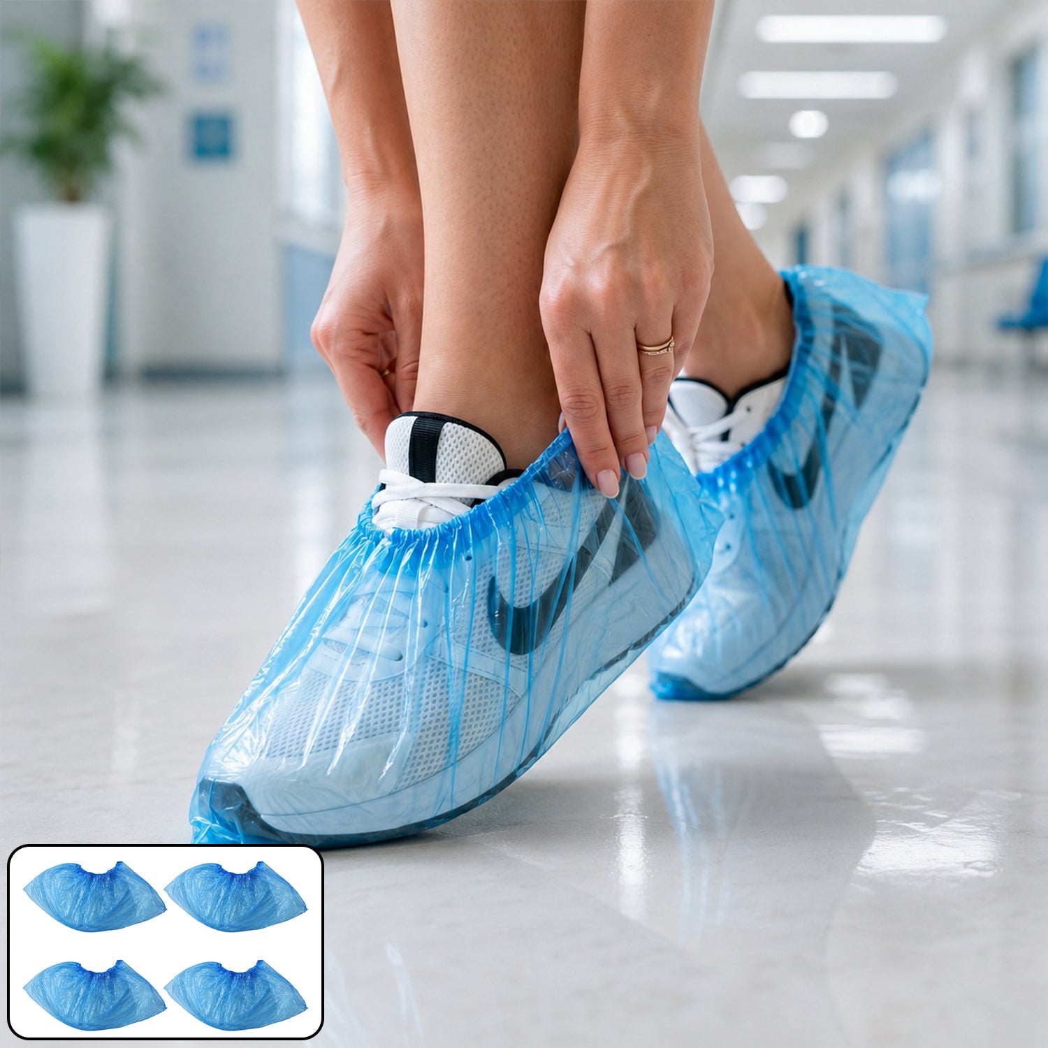 Disposable Plastic Shoe Cover Set With Elastic Fit (2 Pair Set)