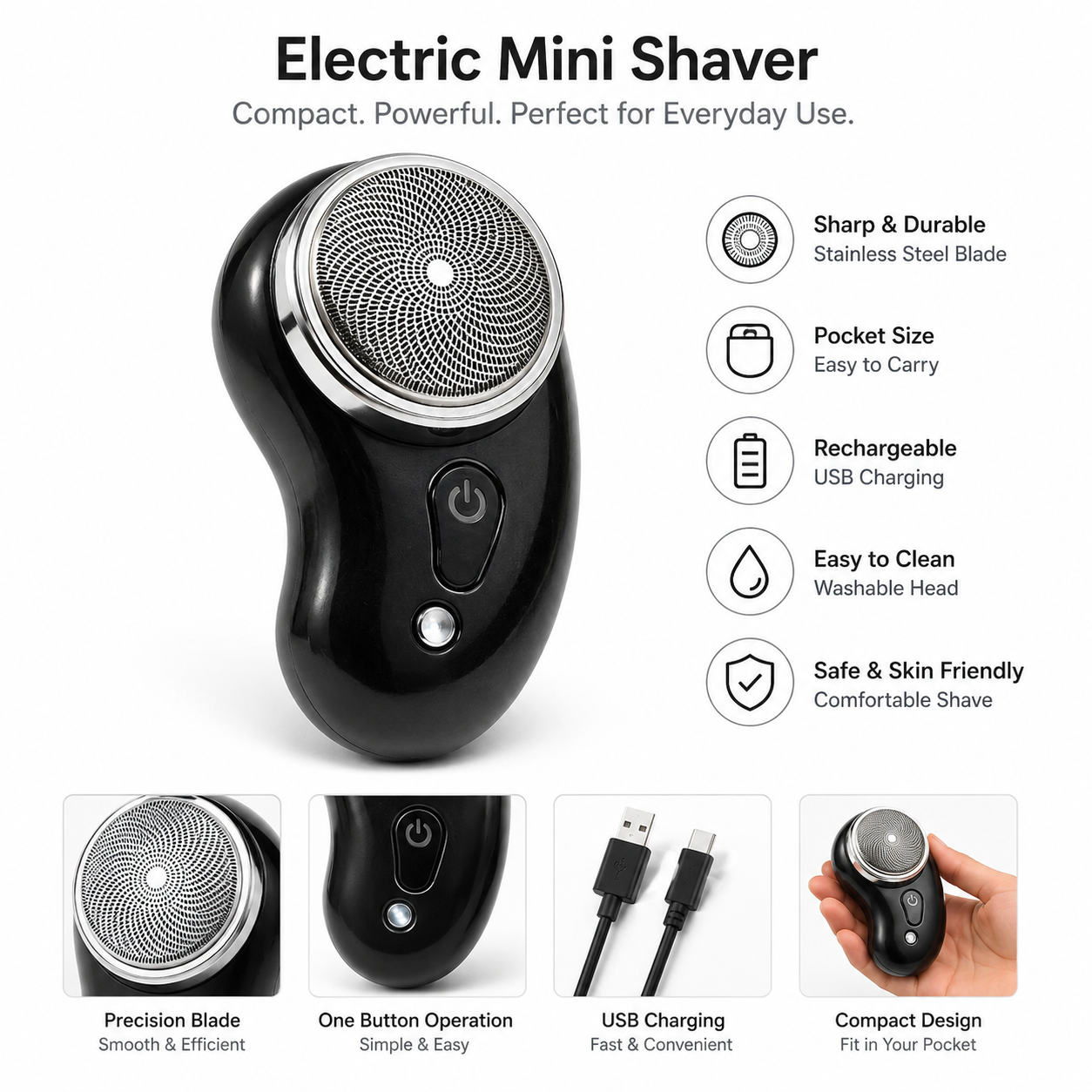Portable Electric Mini Shaver for Men | USB Rechargeable Cordless Beard Trimmer & Facial Hair Remover | Compact Travel Shaver