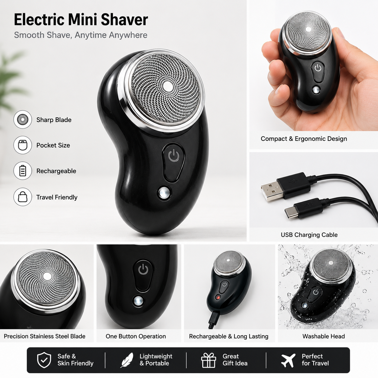 Portable Electric Mini Shaver for Men | USB Rechargeable Cordless Beard Trimmer & Facial Hair Remover | Compact Travel Shaver