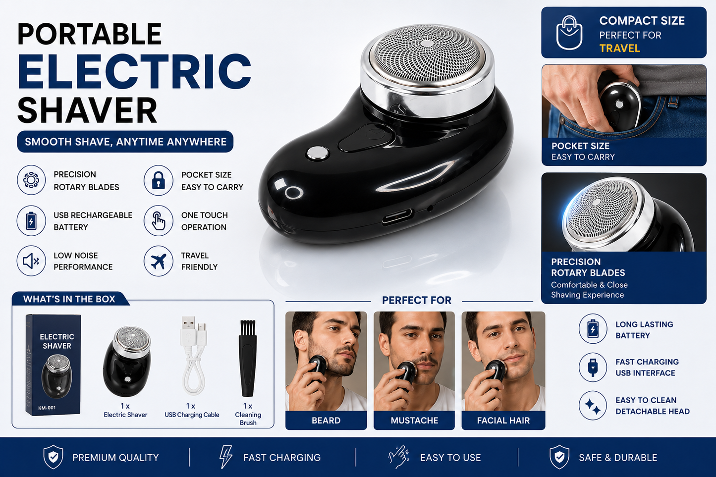 Portable Electric Mini Shaver for Men | USB Rechargeable Cordless Beard Trimmer & Facial Hair Remover | Compact Travel Shaver