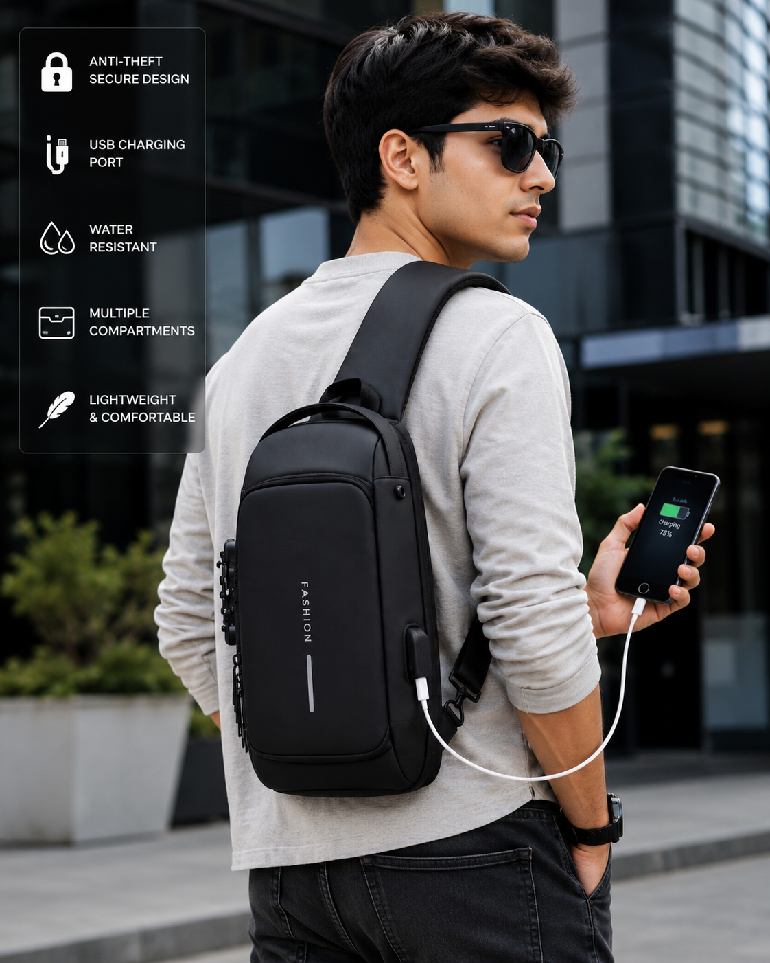 Anti-Theft Crossbody Sling Bag for Men & Women | USB Charging Port | Waterproof Chest Bag | Travel & Office Shoulder Backpack