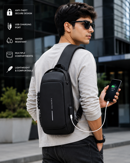 Anti-Theft Crossbody Sling Bag for Men & Women | USB Charging Port | Waterproof Chest Bag | Travel & Office Shoulder Backpack