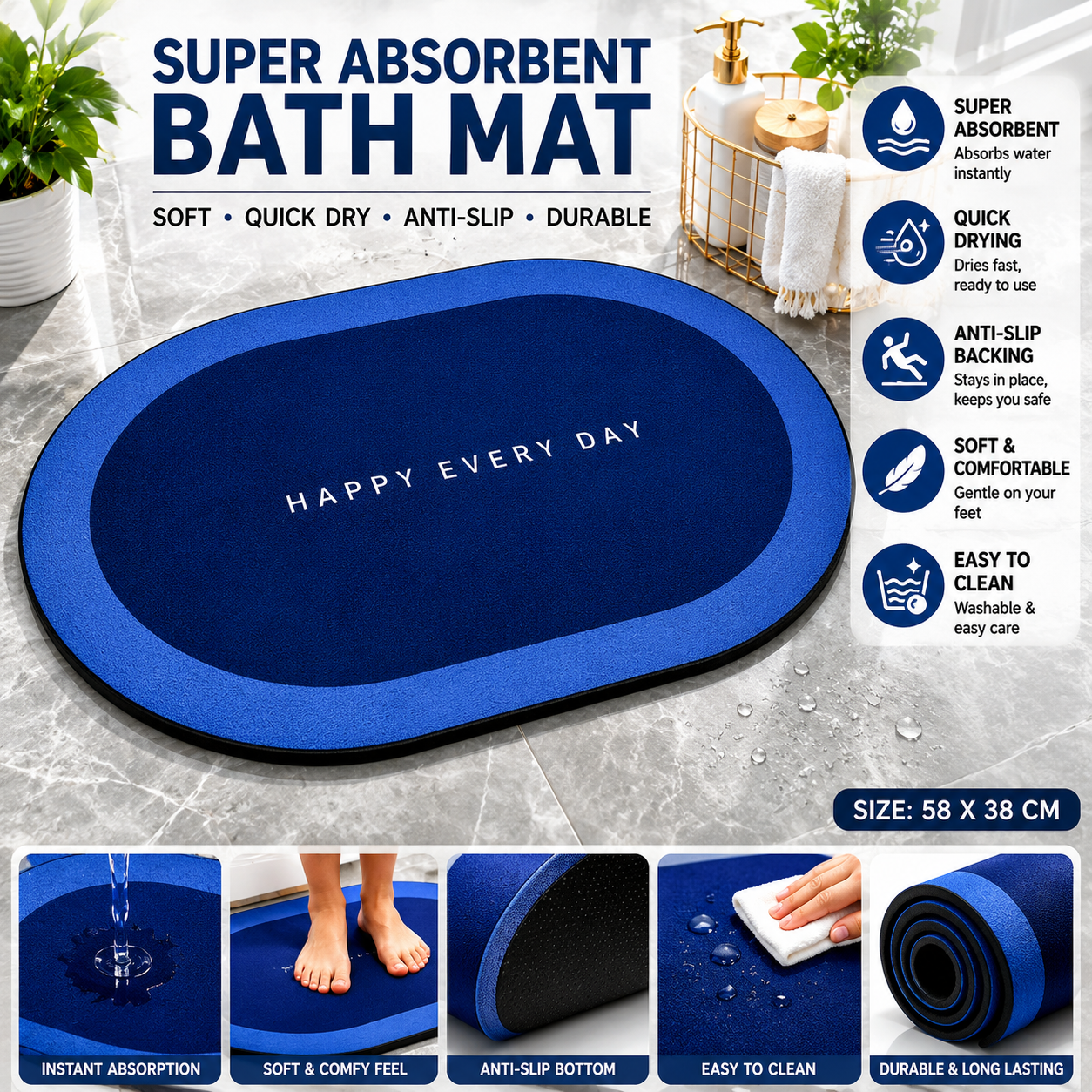 Super Absorbent Bath Mat | Quick Dry Anti-Slip Bathroom Floor Mat | Soft Door & Shower Rug | Waterproof Floor Carpet