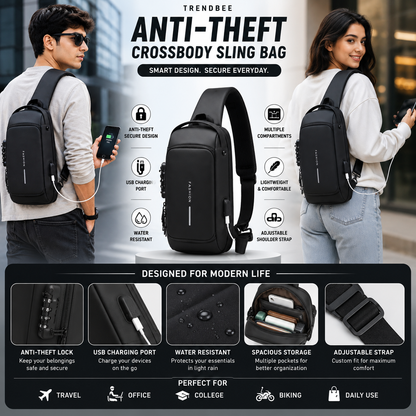 Anti-Theft Crossbody Sling Bag for Men & Women | USB Charging Port | Waterproof Chest Bag | Travel & Office Shoulder Backpack